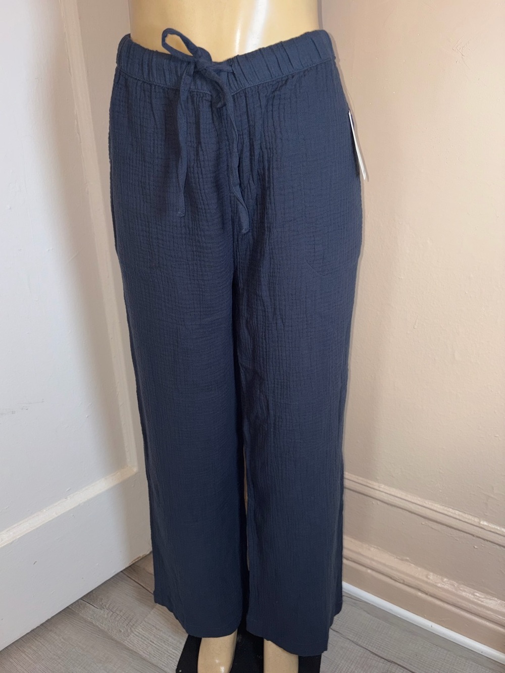 Splendid Navy Drawstring Wide-Leg Cotton Pants-Size L NWT